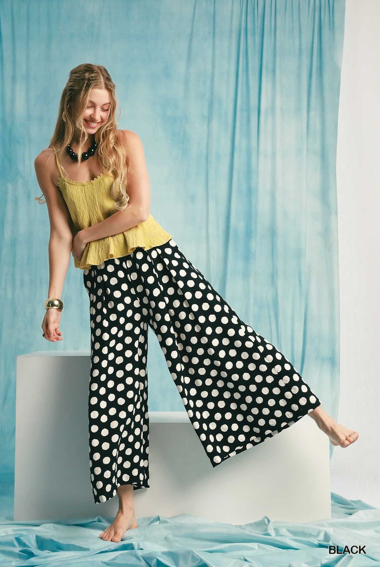 Umgee Playful Polka Dot Wide Leg Pants in Black-Bottoms-Umgee-Deja Nu Boutique, Women's Fashion Boutique in Lampasas, Texas