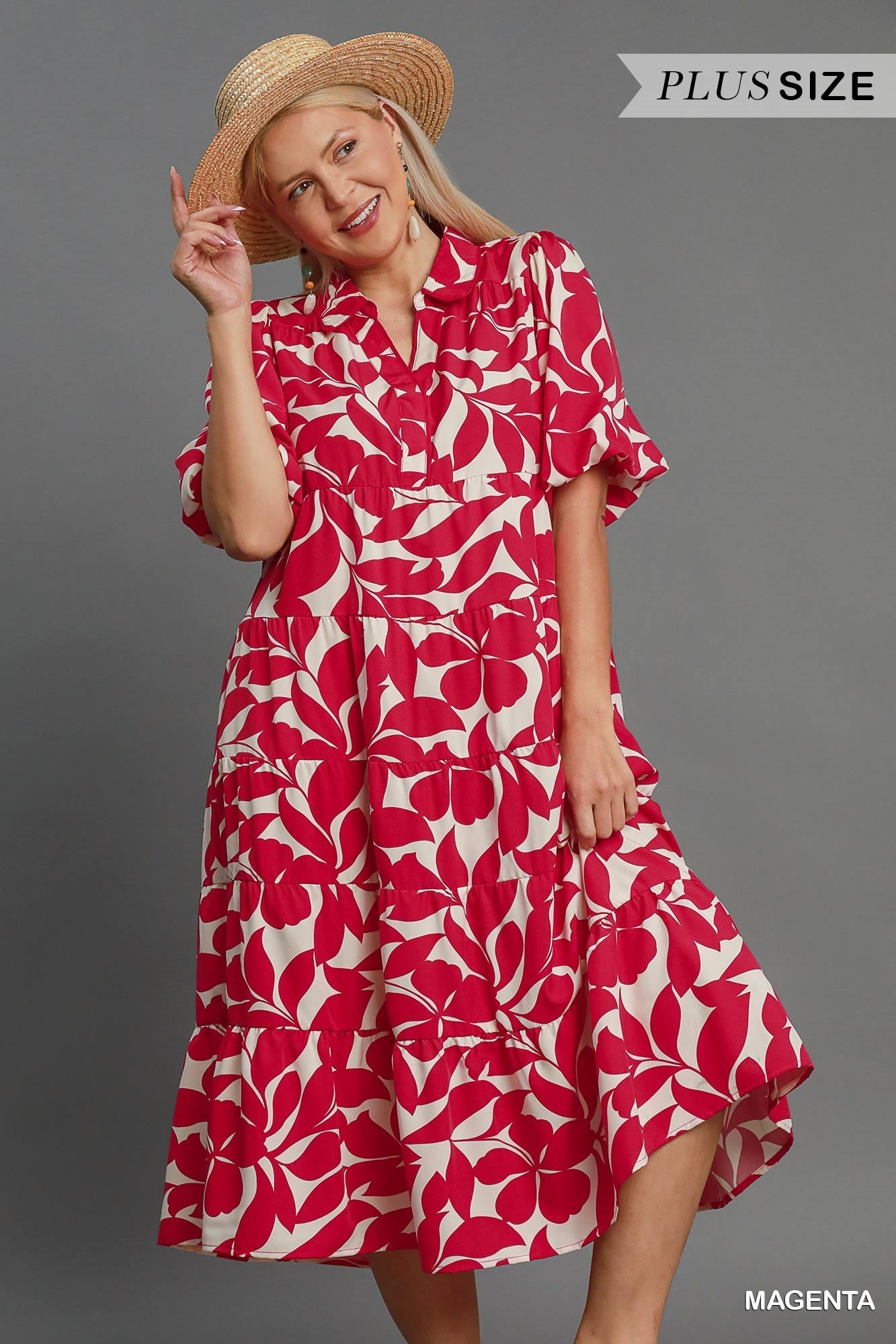 Umgee Plus Size Magenta Two-Tone Floral Tiered Midi Dress-Curvy/Plus Dresses-Umgee-Deja Nu Boutique, Women's Fashion Boutique in Lampasas, Texas