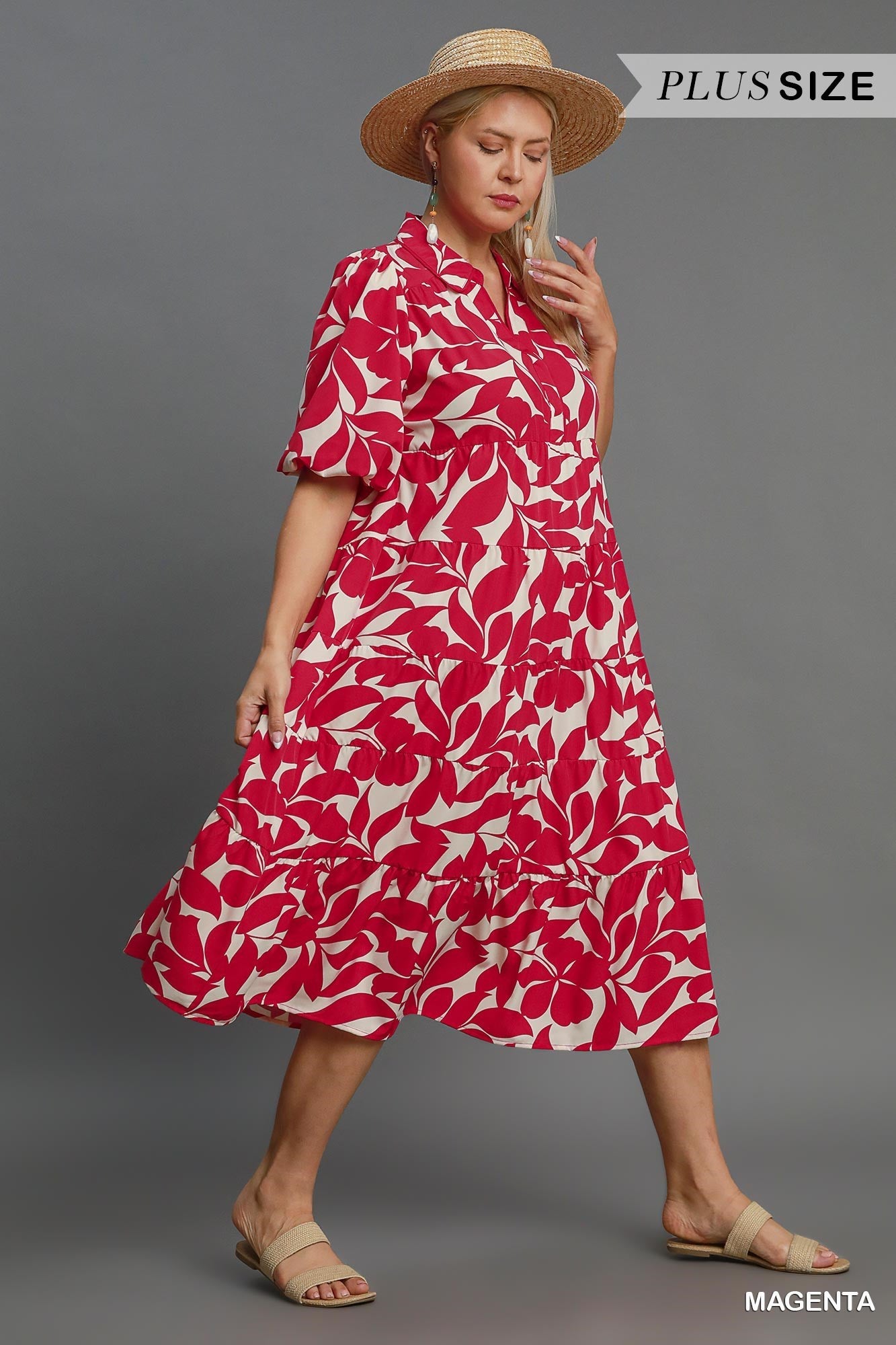 Umgee Plus Size Magenta Two-Tone Floral Tiered Midi Dress-Curvy/Plus Dresses-Umgee-Deja Nu Boutique, Women's Fashion Boutique in Lampasas, Texas