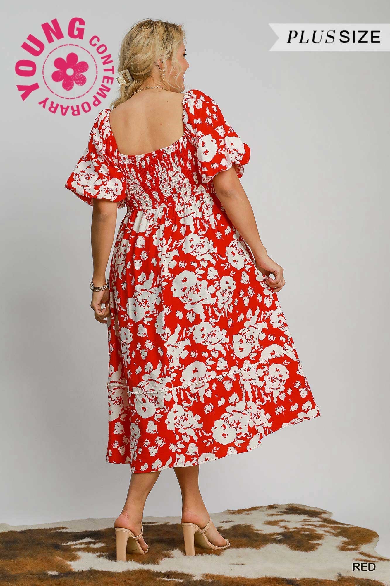 Umgee Plus Size Red Floral Midi Dress With Trim Details – Perfect For Special Occasions-Curvy/Plus Dresses-Umgee-Deja Nu Boutique, Women's Fashion Boutique in Lampasas, Texas