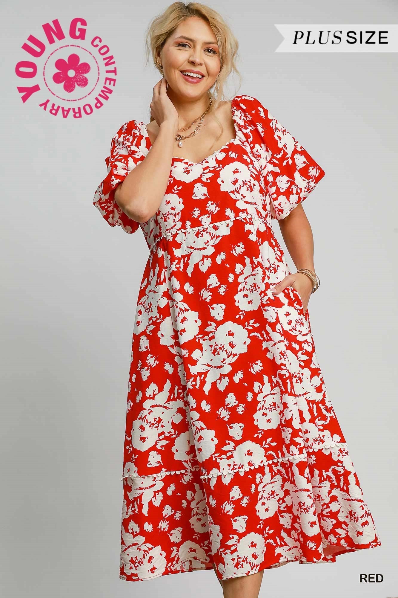 Umgee Plus Size Red Floral Midi Dress With Trim Details – Perfect For Special Occasions-Curvy/Plus Dresses-Umgee-Deja Nu Boutique, Women's Fashion Boutique in Lampasas, Texas