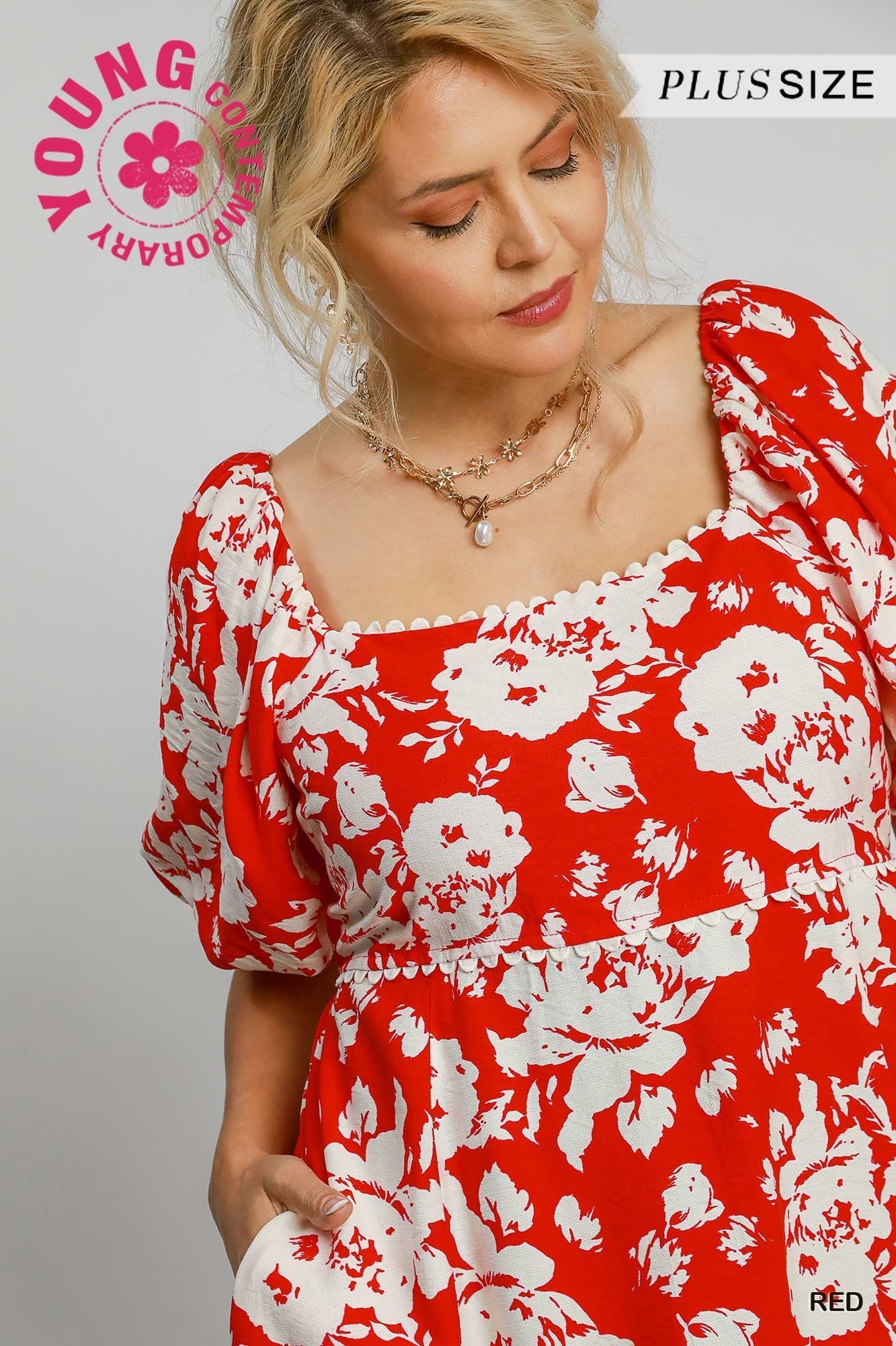 Umgee Plus Size Red Floral Midi Dress With Trim Details – Perfect For Special Occasions-Curvy/Plus Dresses-Umgee-Deja Nu Boutique, Women's Fashion Boutique in Lampasas, Texas