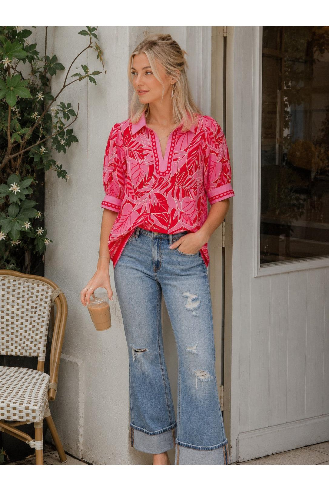 Umgee Red Tropical Print Puff Sleeve Blouse-Tops-Umgee-Deja Nu Boutique, Women's Fashion Boutique in Lampasas, Texas