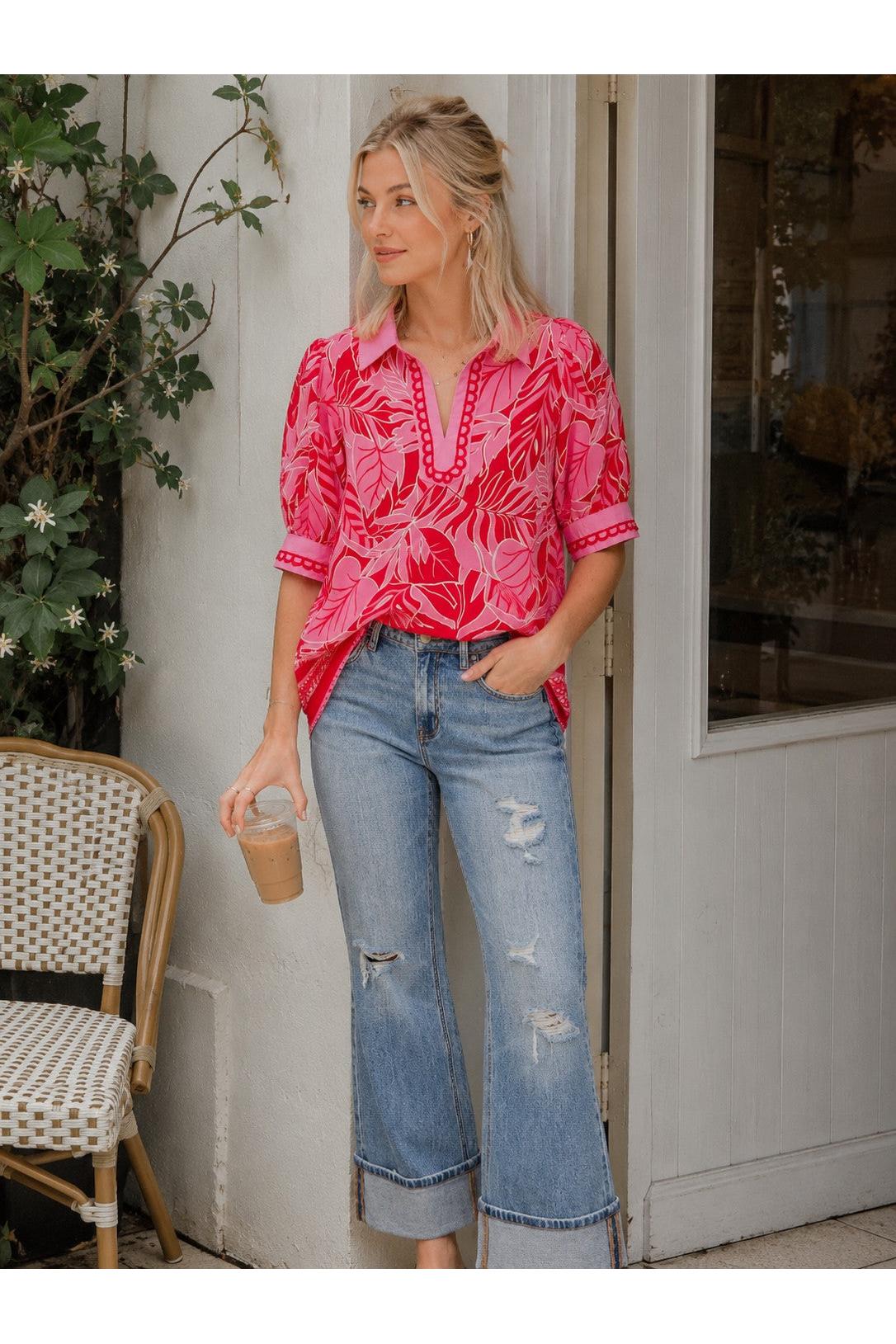 Umgee Red Tropical Print Puff Sleeve Blouse-Tops-Umgee-Deja Nu Boutique, Women's Fashion Boutique in Lampasas, Texas