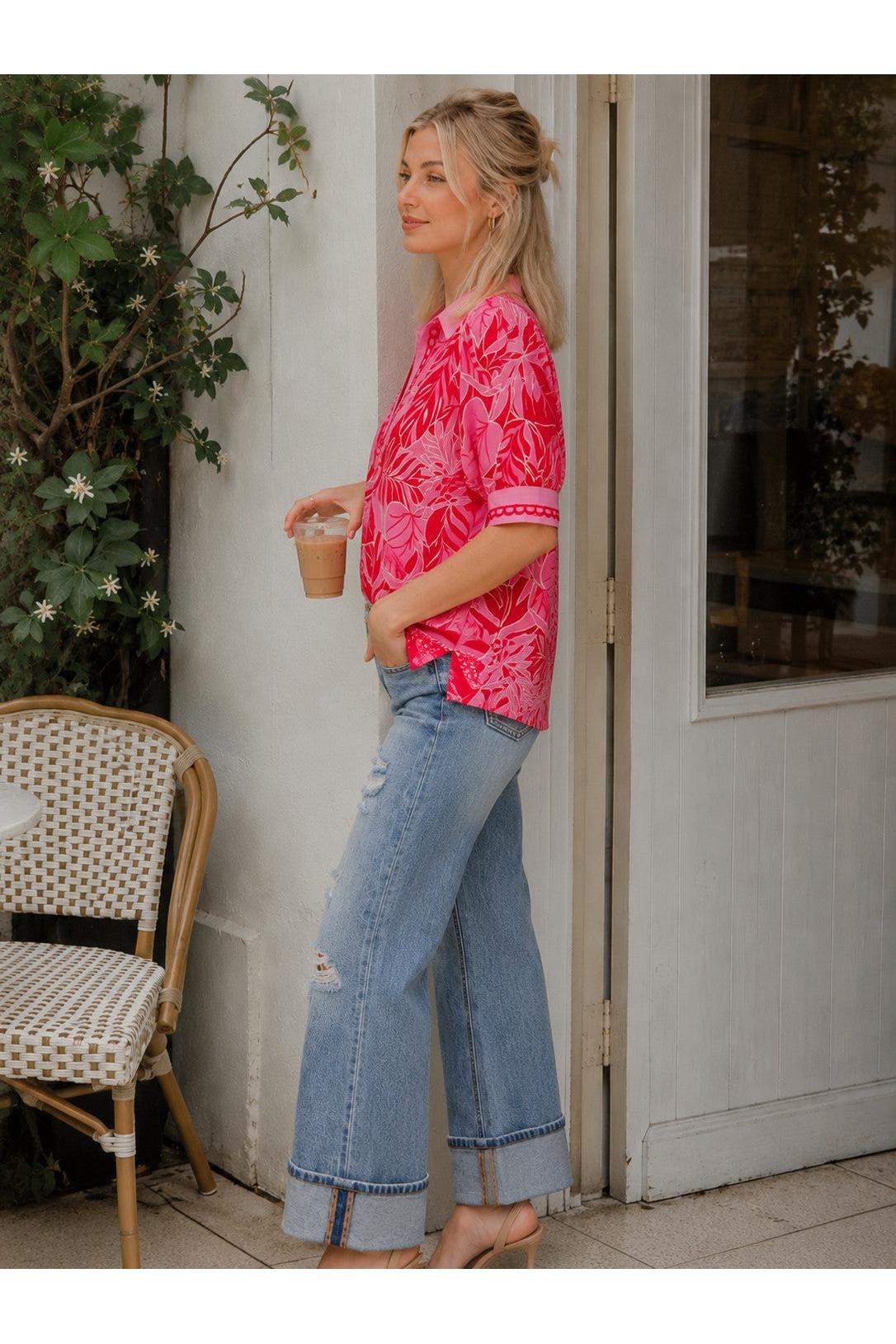 Umgee Red Tropical Print Puff Sleeve Blouse-Tops-Umgee-Deja Nu Boutique, Women's Fashion Boutique in Lampasas, Texas