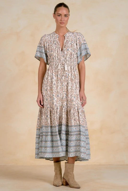 Elan Blue Whimsy Print Elastic Waist Maxi Dress-Maxi Dresses-Elan-Deja Nu Boutique, Women's Fashion Boutique in Lampasas, Texas