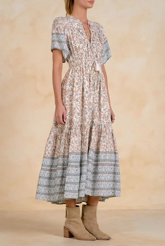 Elan Blue Whimsy Print Elastic Waist Maxi Dress-Maxi Dresses-Elan-Deja Nu Boutique, Women's Fashion Boutique in Lampasas, Texas