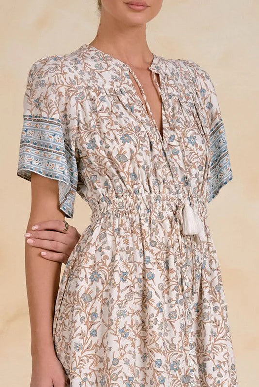 Elan Blue Whimsy Print Elastic Waist Maxi Dress-Maxi Dresses-Elan-Deja Nu Boutique, Women's Fashion Boutique in Lampasas, Texas