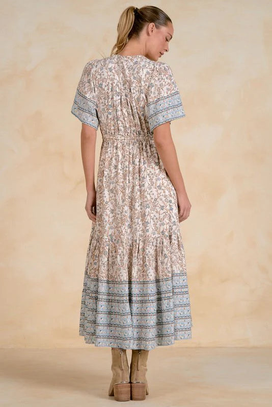 Elan Blue Whimsy Print Elastic Waist Maxi Dress-Maxi Dresses-Elan-Deja Nu Boutique, Women's Fashion Boutique in Lampasas, Texas