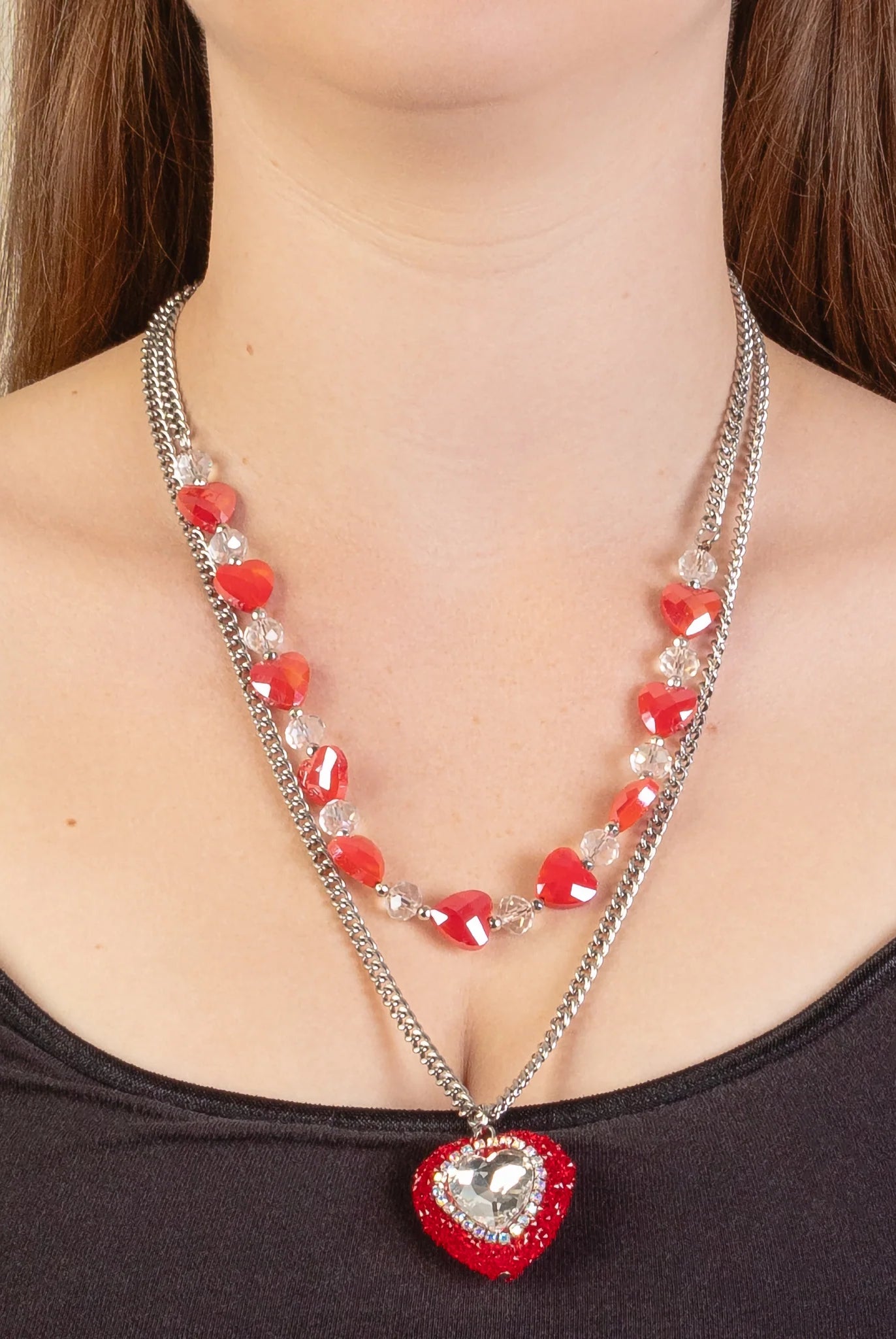 Valentine Layered Crystal Heart Charm Necklace-Necklaces-Deja Nu Tx-Deja Nu Boutique, Women's Fashion Boutique in Lampasas, Texas