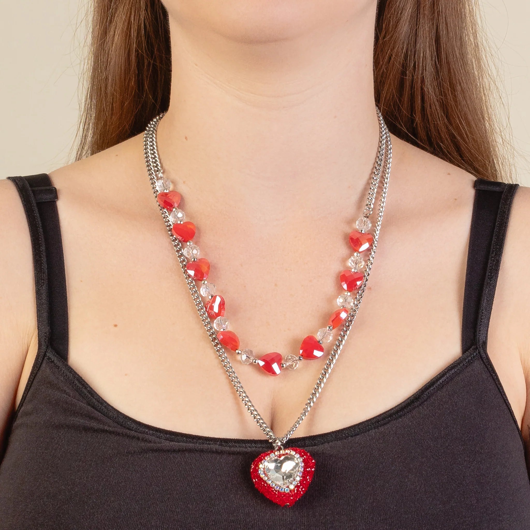 Valentine Layered Crystal Heart Charm Necklace-Necklaces-Deja Nu Tx-Deja Nu Boutique, Women's Fashion Boutique in Lampasas, Texas