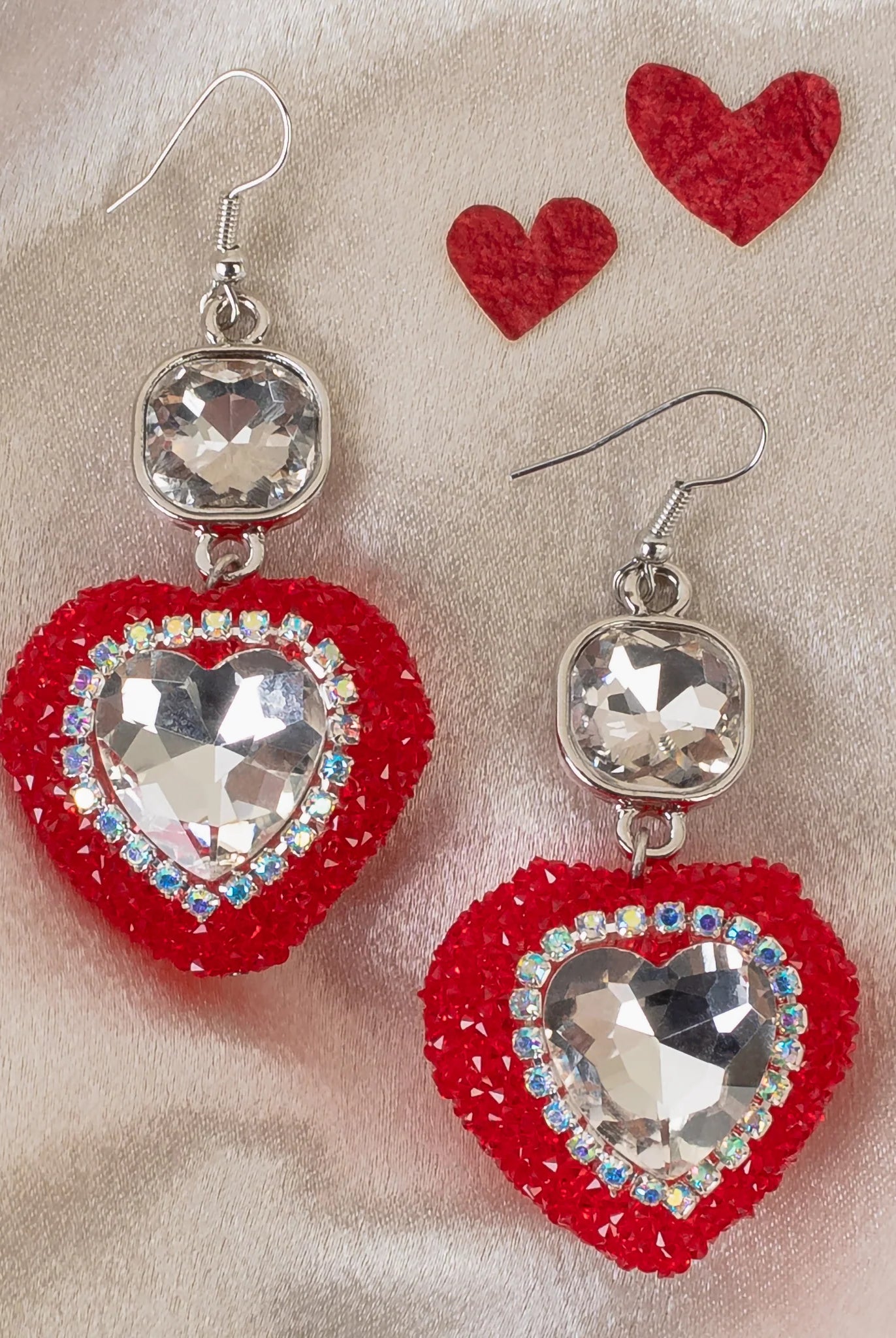 Valentine Rhinestone And Crystal Puffed Heart Earrings-Earrings-Deja Nu Tx-Deja Nu Boutique, Women's Fashion Boutique in Lampasas, Texas