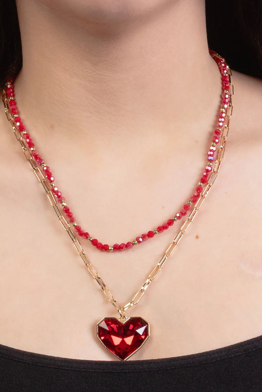 Valentine Layered Red Crystal Heart And Beaded Necklace-Necklaces-Deja Nu Tx-Deja Nu Boutique, Women's Fashion Boutique in Lampasas, Texas