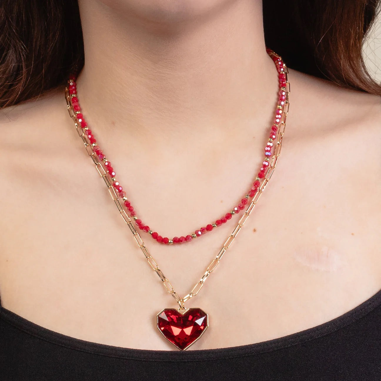 Valentine Layered Red Crystal Heart And Beaded Necklace-Necklaces-Deja Nu Tx-Deja Nu Boutique, Women's Fashion Boutique in Lampasas, Texas