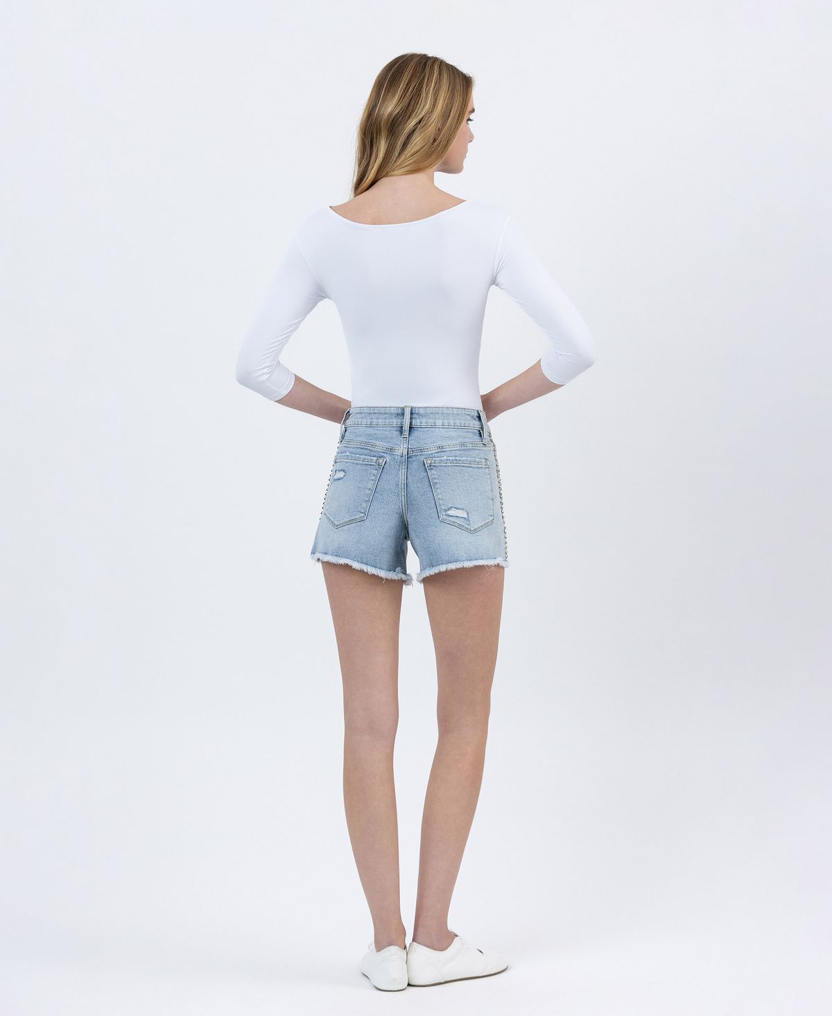 Vervet Prowess Studded High Rise Denim Shorts with Frayed Hem-Shorts-Vervet by Flying Monkey-Deja Nu Boutique, Women's Fashion Boutique in Lampasas, Texas