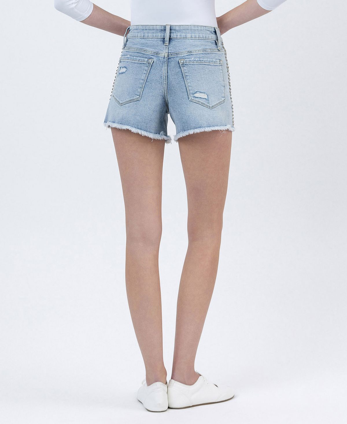Vervet Prowess Studded High Rise Denim Shorts with Frayed Hem-Shorts-Vervet by Flying Monkey-Deja Nu Boutique, Women's Fashion Boutique in Lampasas, Texas