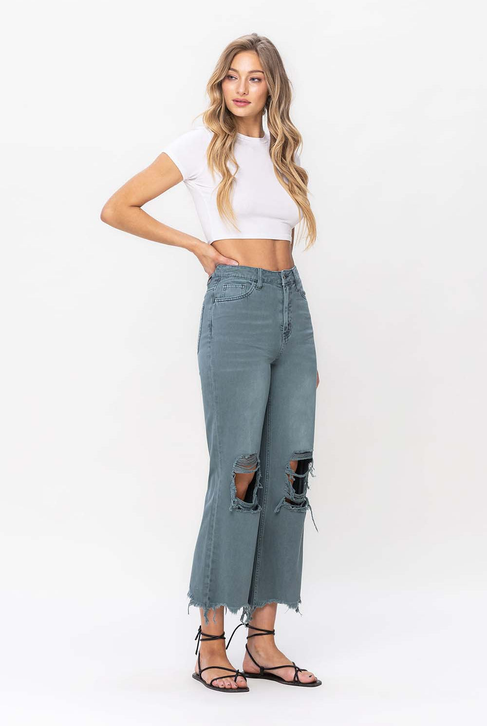 Vervet by Flying Monkey 90's Vintage Super High Rise Crop Deconstructed Flare Jeans In Mallard Green-Jeans-Vervet by Flying Monkey-Deja Nu Boutique, Women's Fashion Boutique in Lampasas, Texas