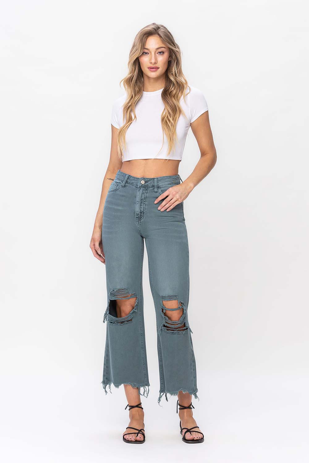 Vervet by Flying Monkey 90's Vintage Super High Rise Crop Deconstructed Flare Jeans In Mallard Green-Jeans-Vervet by Flying Monkey-Deja Nu Boutique, Women's Fashion Boutique in Lampasas, Texas