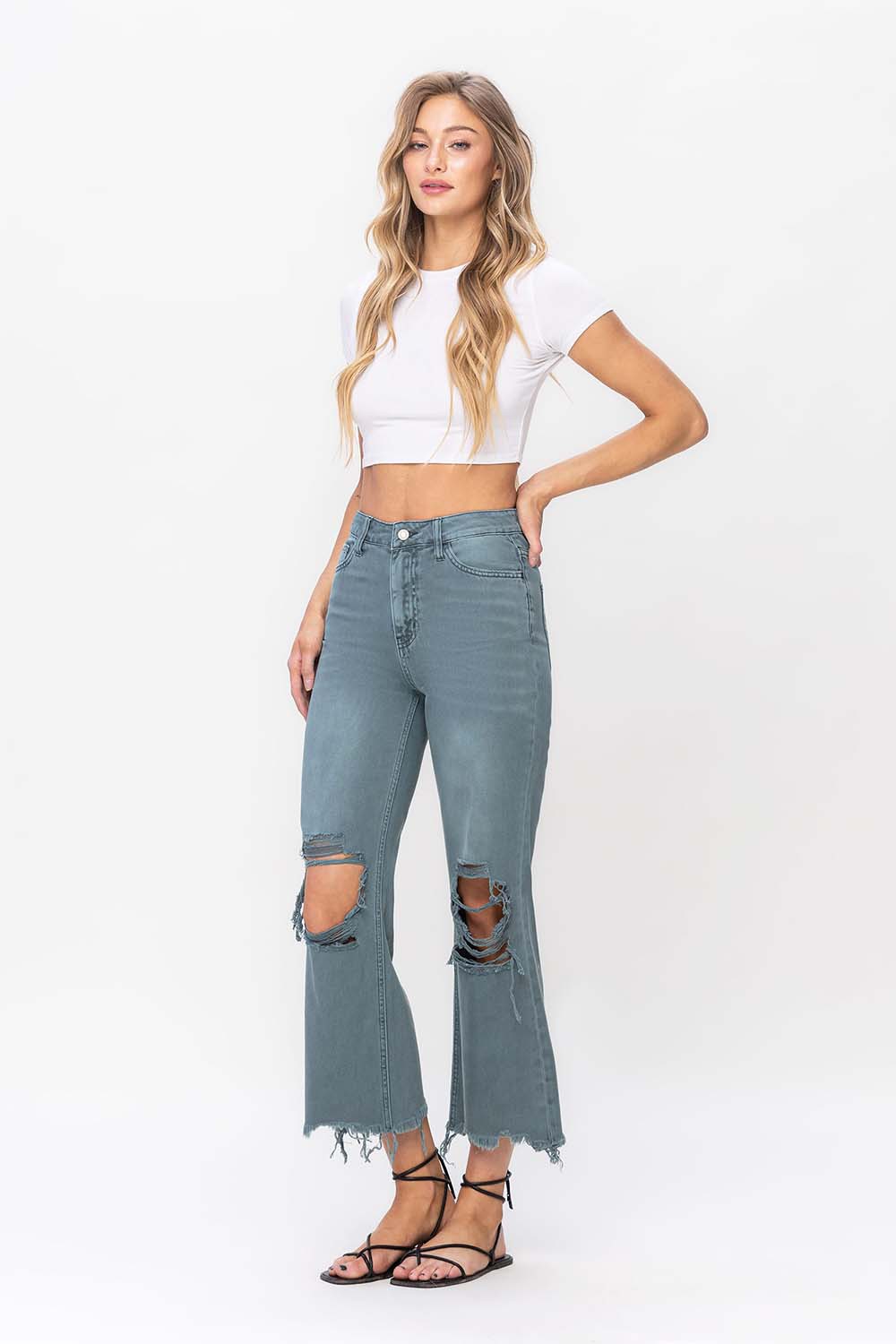 Vervet by Flying Monkey 90's Vintage Super High Rise Crop Deconstructed Flare Jeans In Mallard Green-Jeans-Vervet by Flying Monkey-Deja Nu Boutique, Women's Fashion Boutique in Lampasas, Texas