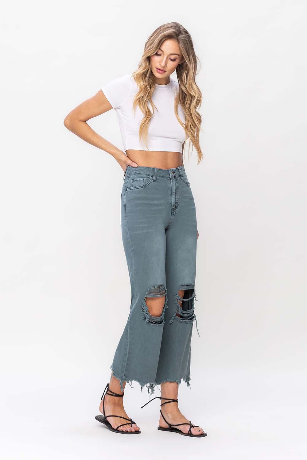 Vervet by Flying Monkey 90's Vintage Super High Rise Crop Deconstructed Flare Jeans In Mallard Green-Jeans-Vervet by Flying Monkey-Deja Nu Boutique, Women's Fashion Boutique in Lampasas, Texas