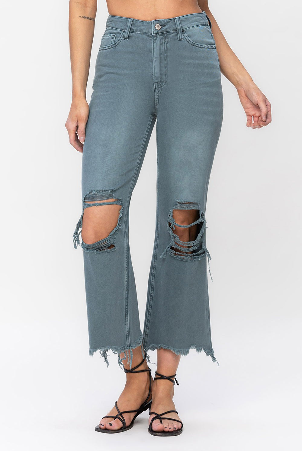 Vervet by Flying Monkey 90's Vintage Super High Rise Crop Deconstructed Flare Jeans In Mallard Green-Jeans-Vervet by Flying Monkey-Deja Nu Boutique, Women's Fashion Boutique in Lampasas, Texas
