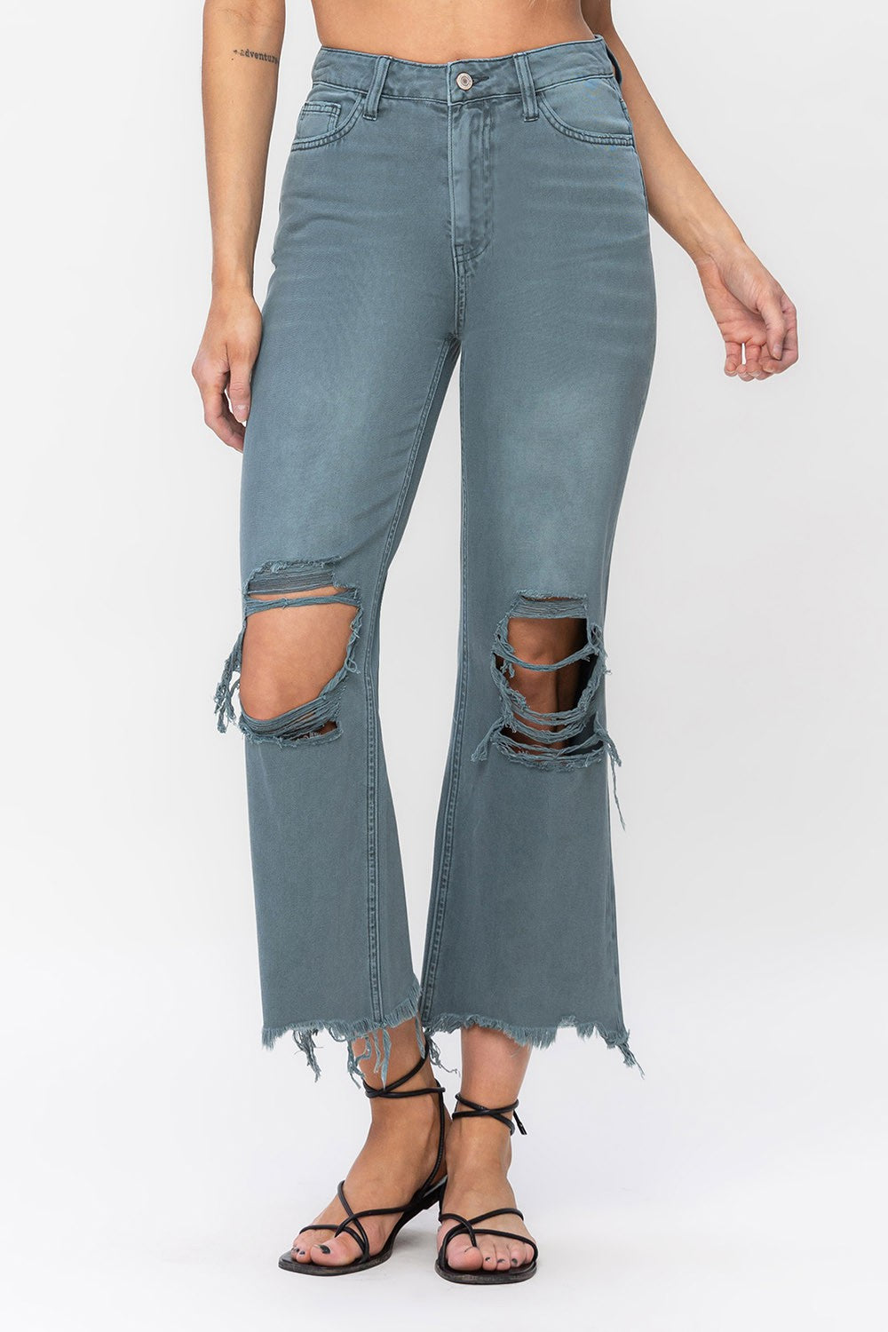 Vervet by Flying Monkey 90's Vintage Super High Rise Crop Deconstructed Flare Jeans In Mallard Green-Jeans-Vervet by Flying Monkey-Deja Nu Boutique, Women's Fashion Boutique in Lampasas, Texas