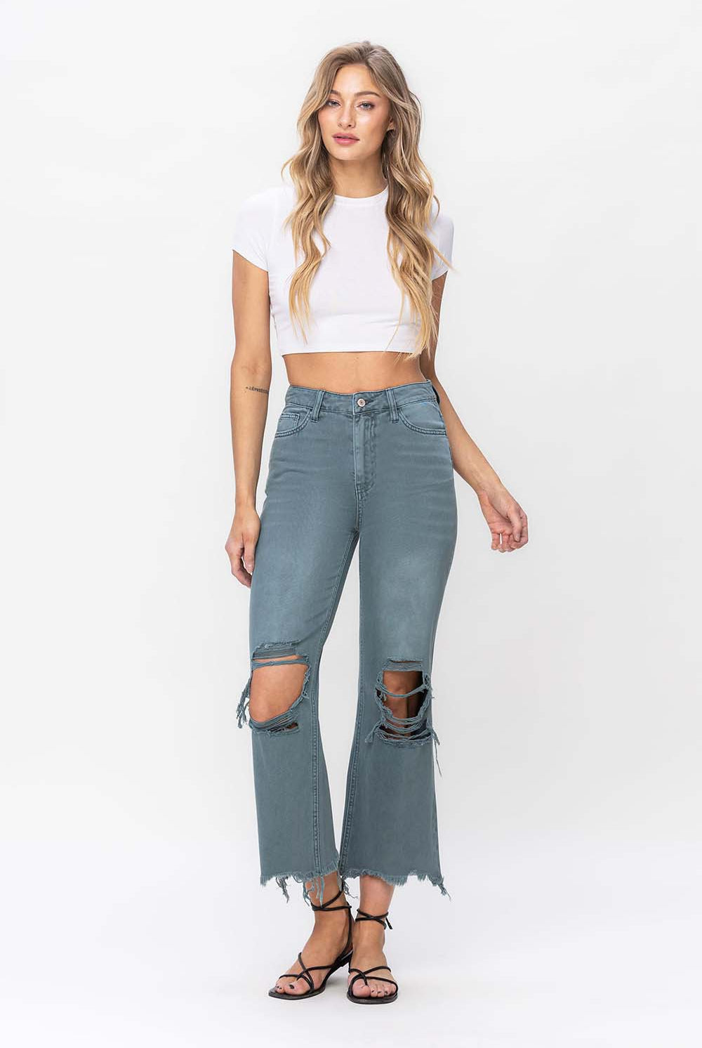 Vervet by Flying Monkey 90's Vintage Super High Rise Crop Deconstructed Flare Jeans In Mallard Green-Jeans-Vervet by Flying Monkey-Deja Nu Boutique, Women's Fashion Boutique in Lampasas, Texas