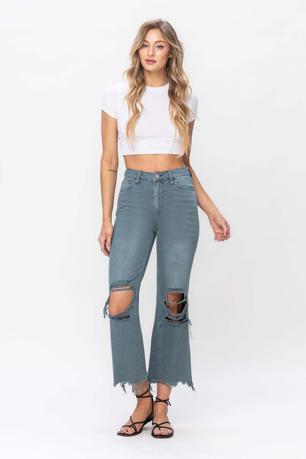 Vervet by Flying Monkey 90's Vintage Super High Rise Crop Deconstructed Flare Jeans In Mallard Green-Jeans-Vervet by Flying Monkey-Deja Nu Boutique, Women's Fashion Boutique in Lampasas, Texas