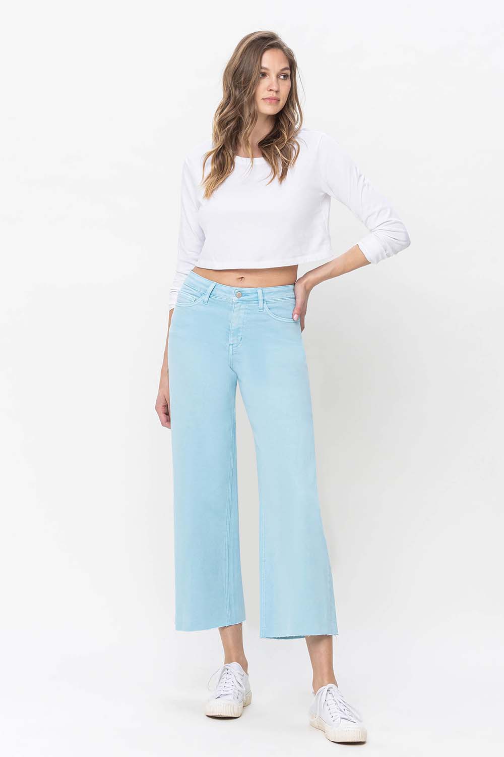 Vervet by Flying Monkey High Rise Crop Wide Leg Jeans In Pastel Turquoise-Jeans-Vervet by Flying Monkey-Deja Nu Boutique, Women's Fashion Boutique in Lampasas, Texas