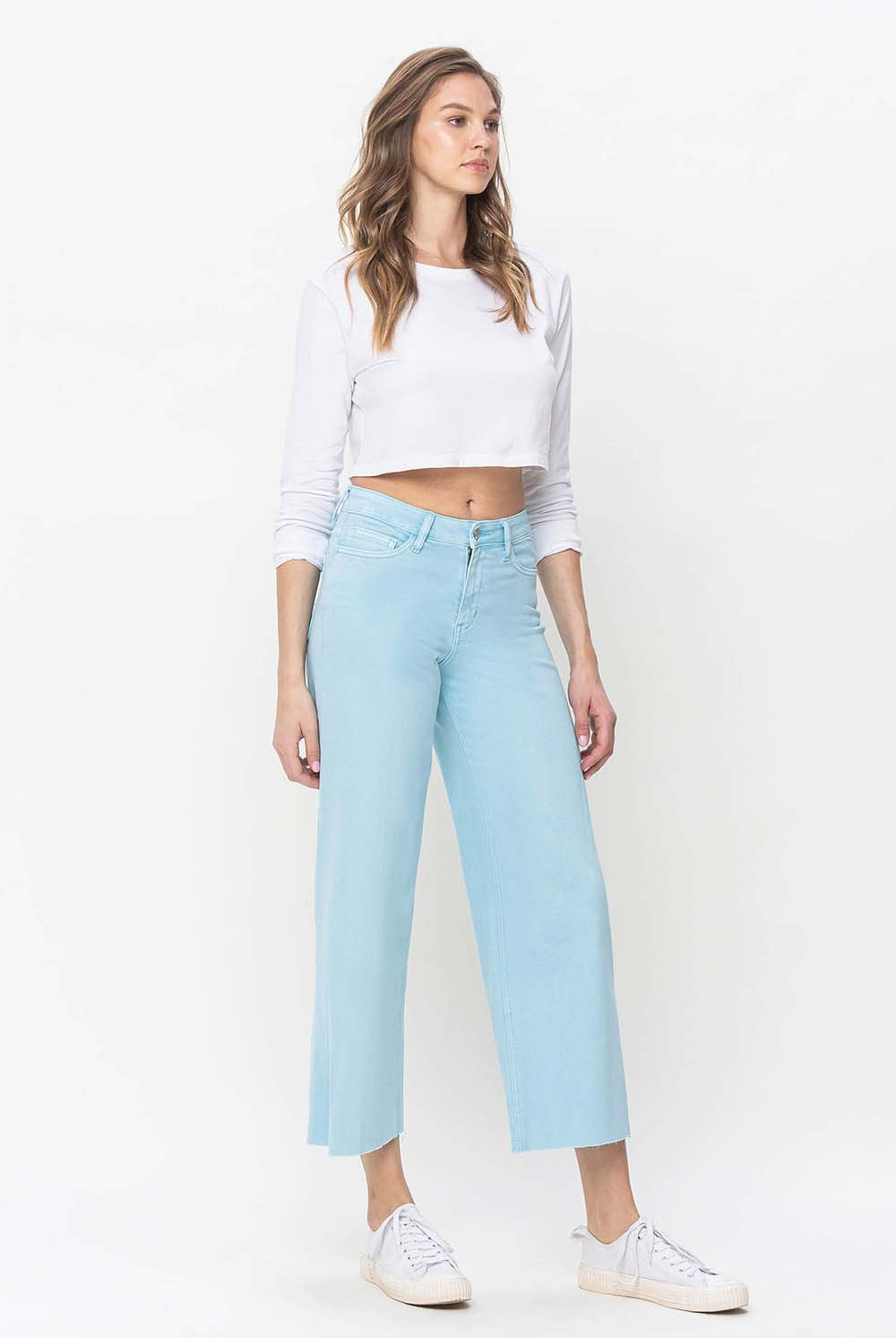 Vervet by Flying Monkey High Rise Crop Wide Leg Jeans In Pastel Turquoise-Jeans-Vervet by Flying Monkey-Deja Nu Boutique, Women's Fashion Boutique in Lampasas, Texas