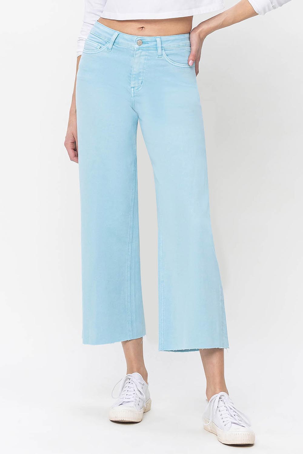 Vervet by Flying Monkey High Rise Crop Wide Leg Jeans In Pastel Turquoise-Jeans-Vervet by Flying Monkey-Deja Nu Boutique, Women's Fashion Boutique in Lampasas, Texas