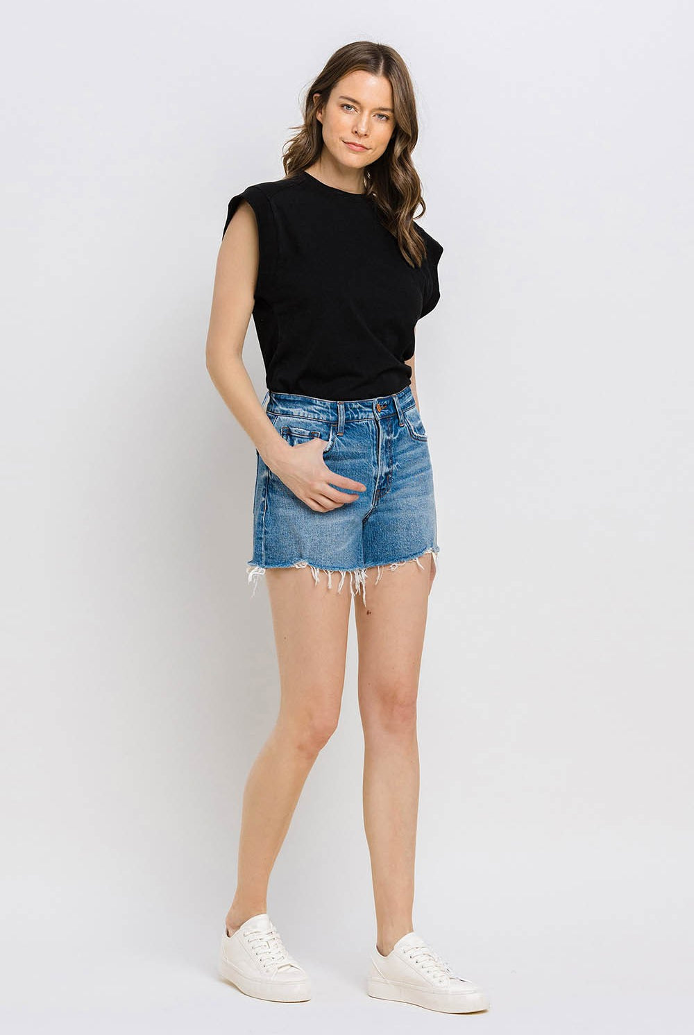 Vervet by Flying Monkey High Rise Distressed Hem A-Line Shorts In Swan River-Shorts-Vervet by Flying Monkey-Deja Nu Boutique, Women's Fashion Boutique in Lampasas, Texas