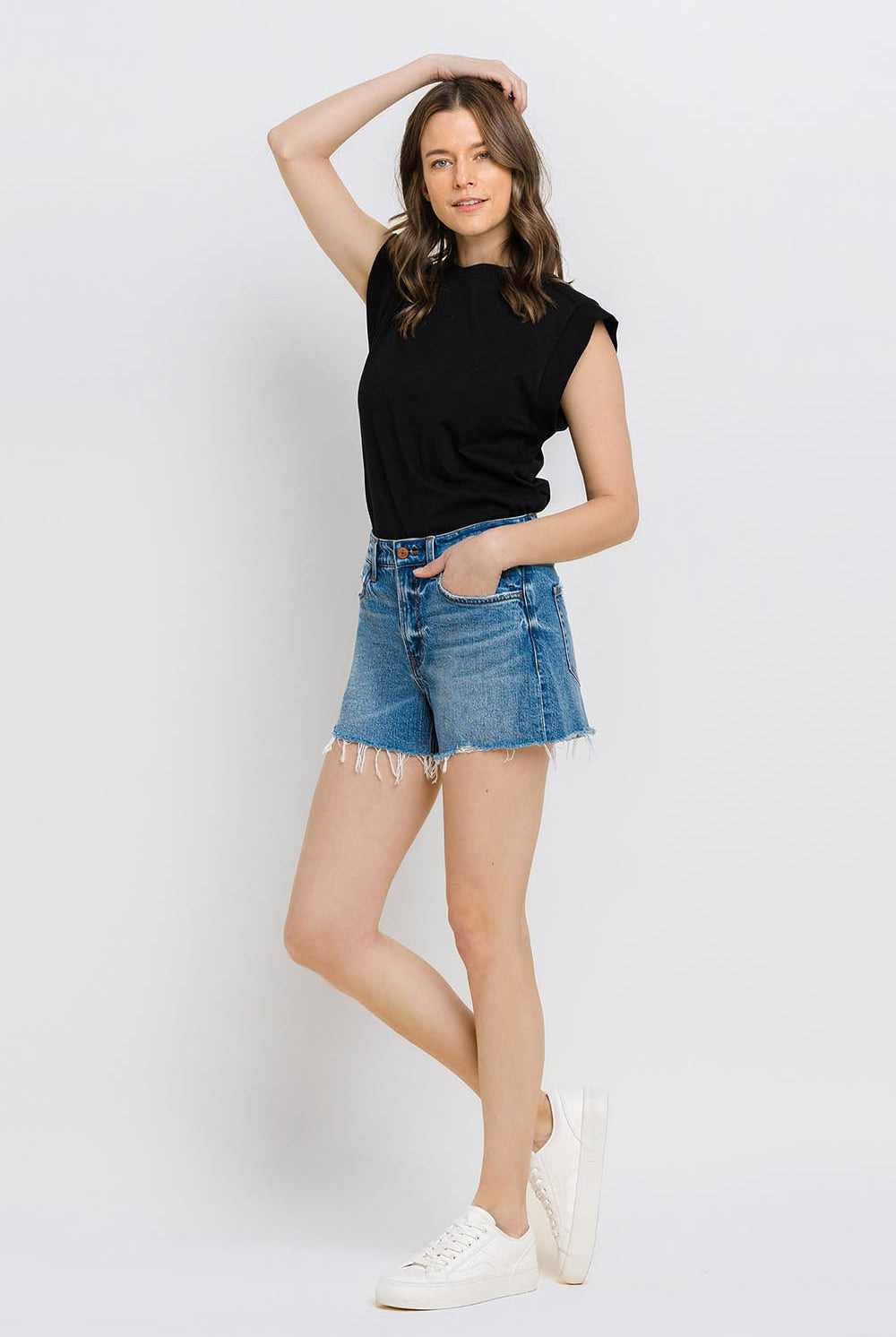 Vervet by Flying Monkey High Rise Distressed Hem A-Line Shorts In Swan River-Shorts-Vervet by Flying Monkey-Deja Nu Boutique, Women's Fashion Boutique in Lampasas, Texas