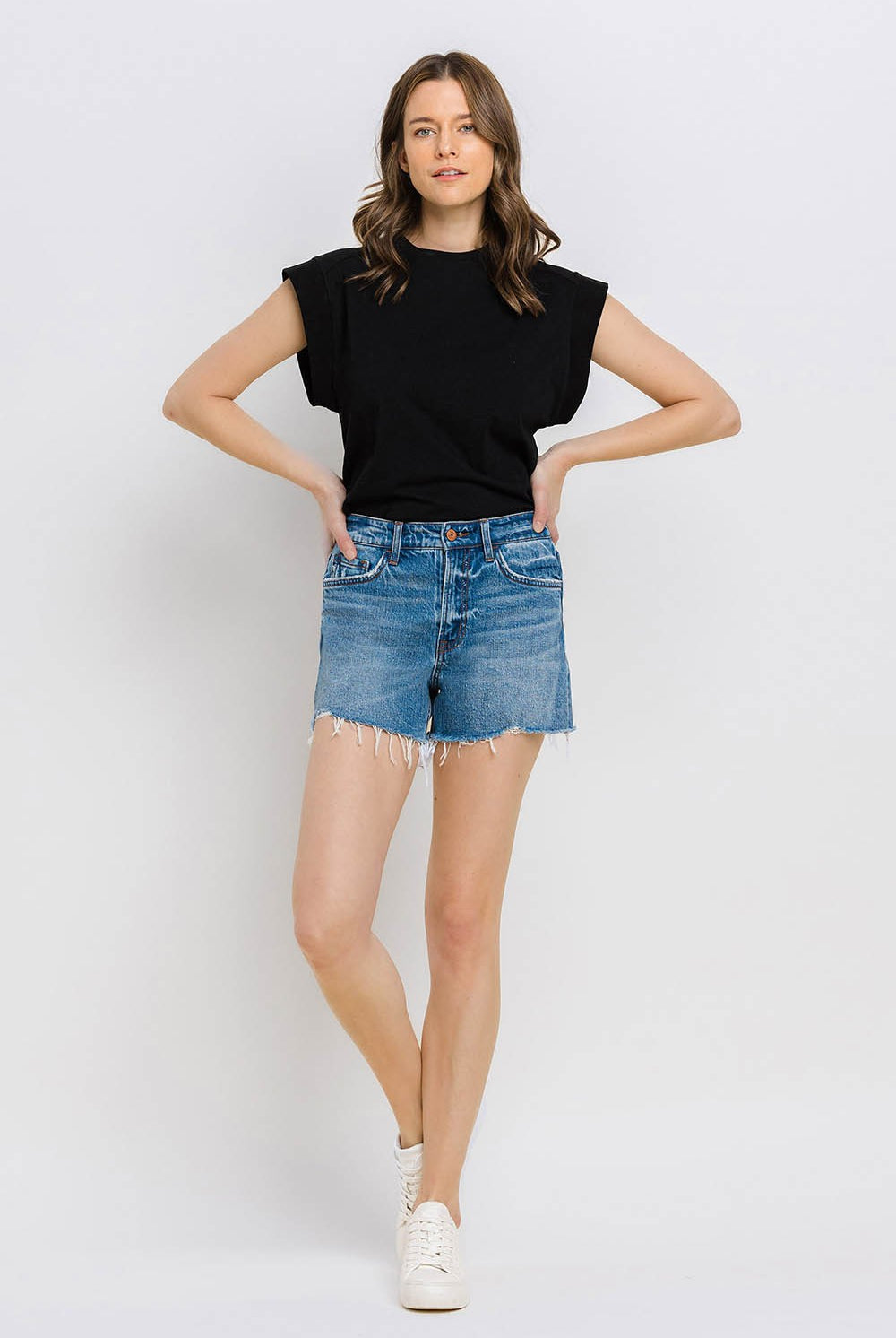 Vervet by Flying Monkey High Rise Distressed Hem A-Line Shorts In Swan River-Shorts-Vervet by Flying Monkey-Deja Nu Boutique, Women's Fashion Boutique in Lampasas, Texas