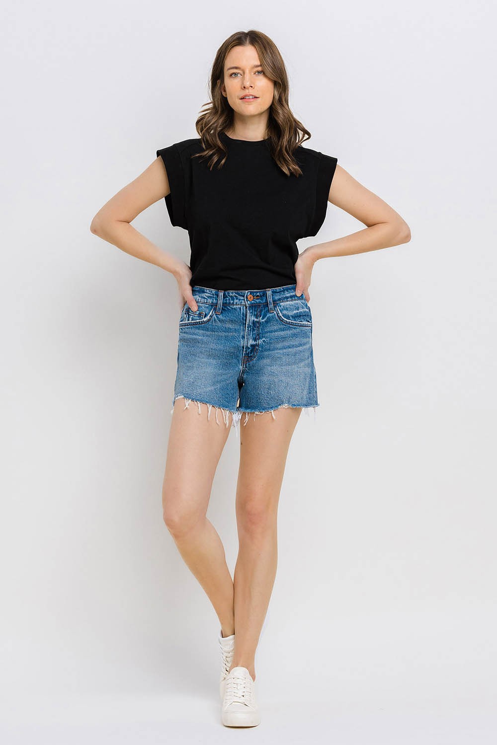Vervet by Flying Monkey High Rise Distressed Hem A-Line Shorts In Swan River-Shorts-Vervet by Flying Monkey-Deja Nu Boutique, Women's Fashion Boutique in Lampasas, Texas