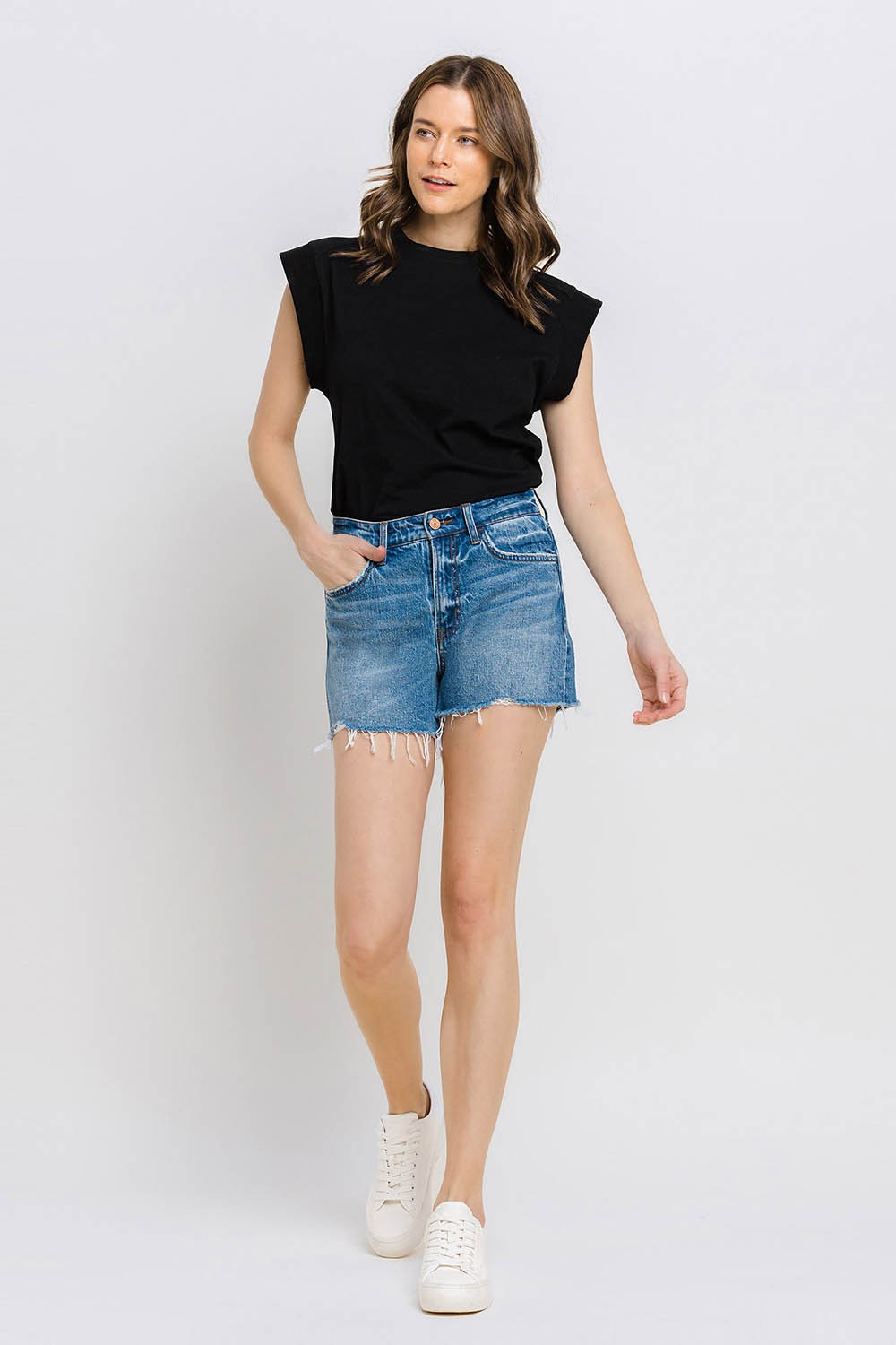 Vervet by Flying Monkey High Rise Distressed Hem A-Line Shorts In Swan River-Shorts-Vervet by Flying Monkey-Deja Nu Boutique, Women's Fashion Boutique in Lampasas, Texas