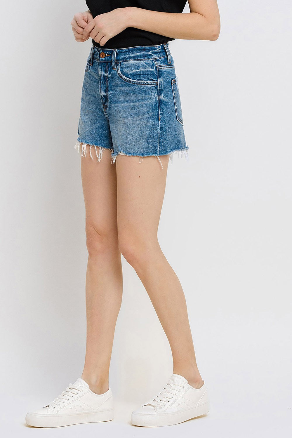 Vervet by Flying Monkey High Rise Distressed Hem A-Line Shorts In Swan River-Shorts-Vervet by Flying Monkey-Deja Nu Boutique, Women's Fashion Boutique in Lampasas, Texas