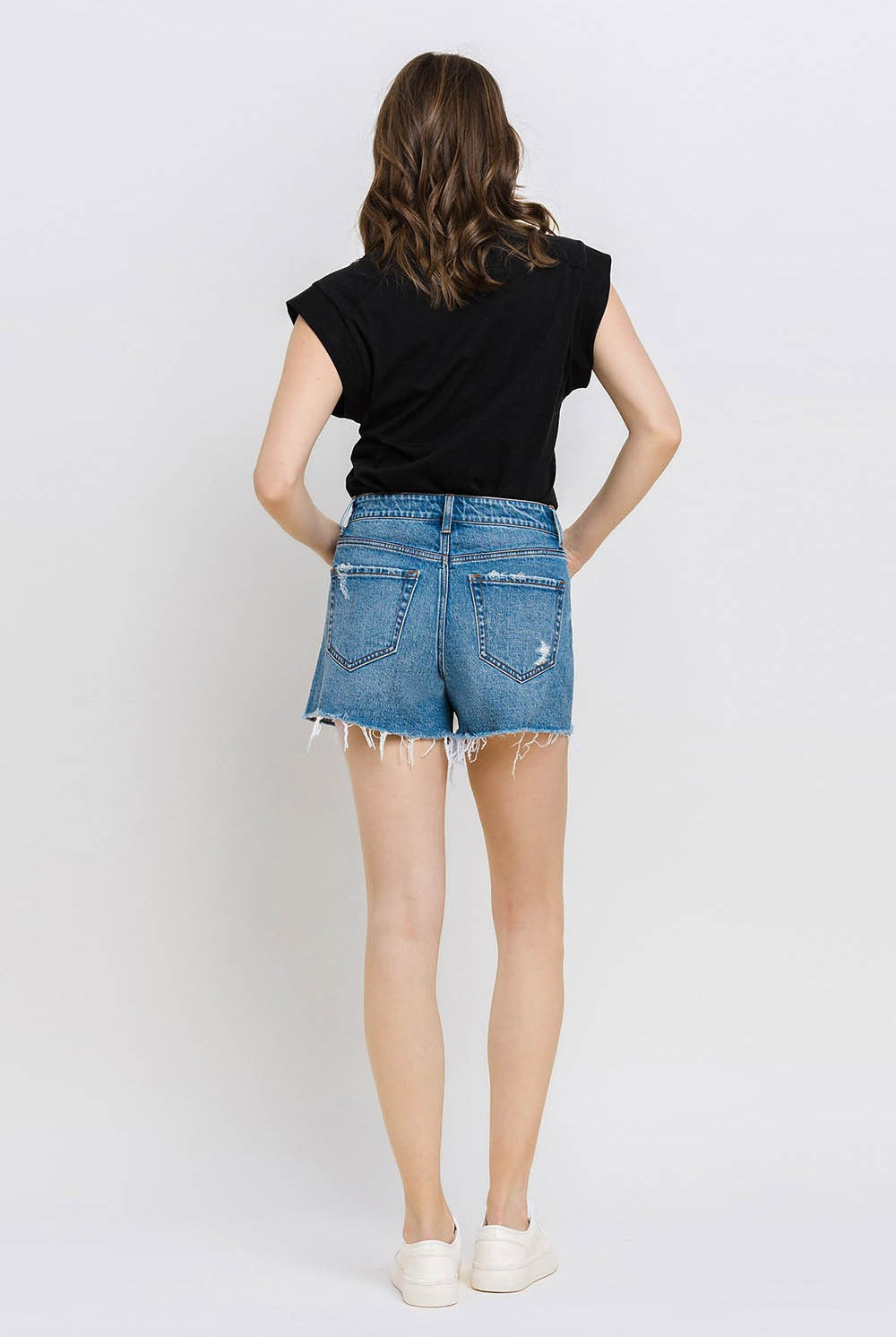 Vervet by Flying Monkey High Rise Distressed Hem A-Line Shorts In Swan River-Shorts-Vervet by Flying Monkey-Deja Nu Boutique, Women's Fashion Boutique in Lampasas, Texas