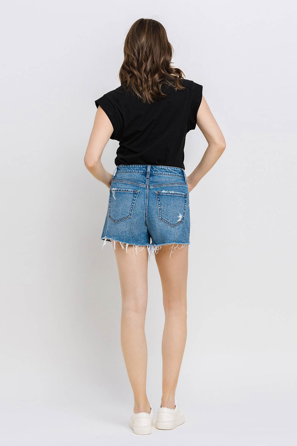 Vervet by Flying Monkey High Rise Distressed Hem A-Line Shorts In Swan River-Shorts-Vervet by Flying Monkey-Deja Nu Boutique, Women's Fashion Boutique in Lampasas, Texas