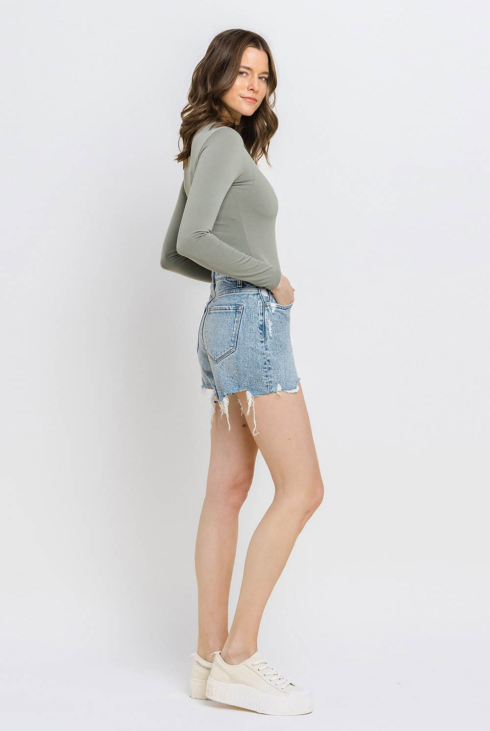 Vervet by Flying Monkey High Rise Raw Hem Shorts In Moon Goddess-Shorts-Vervet by Flying Monkey-Deja Nu Boutique, Women's Fashion Boutique in Lampasas, Texas