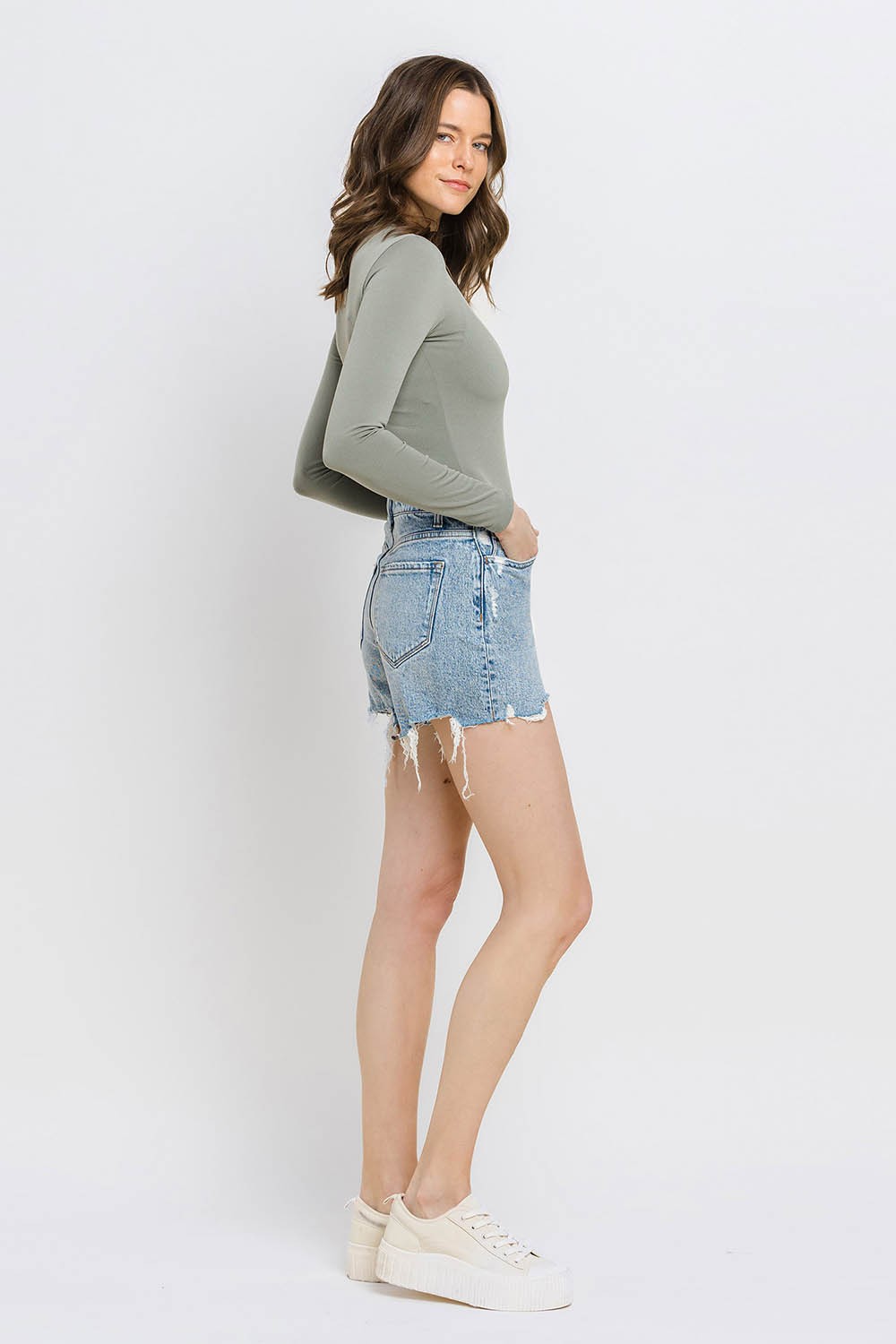 Vervet by Flying Monkey High Rise Raw Hem Shorts In Moon Goddess-Shorts-Vervet by Flying Monkey-Deja Nu Boutique, Women's Fashion Boutique in Lampasas, Texas