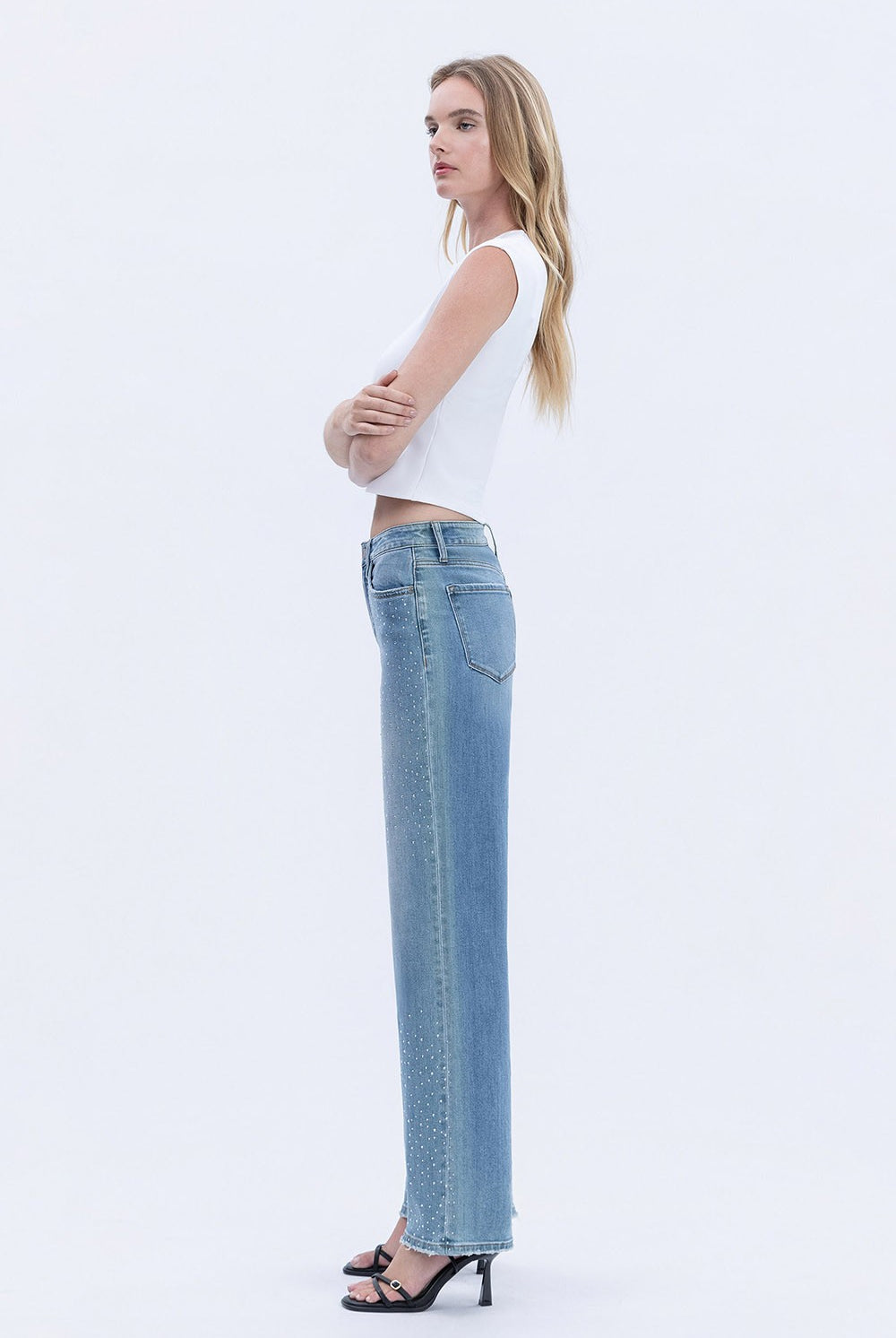 Vervet by Flying Monkey High Rise Rhinestone Embellished Wide Leg Jeans in Hamptons Wash-Jeans-Vervet by Flying Monkey-Deja Nu Boutique, Women's Fashion Boutique in Lampasas, Texas