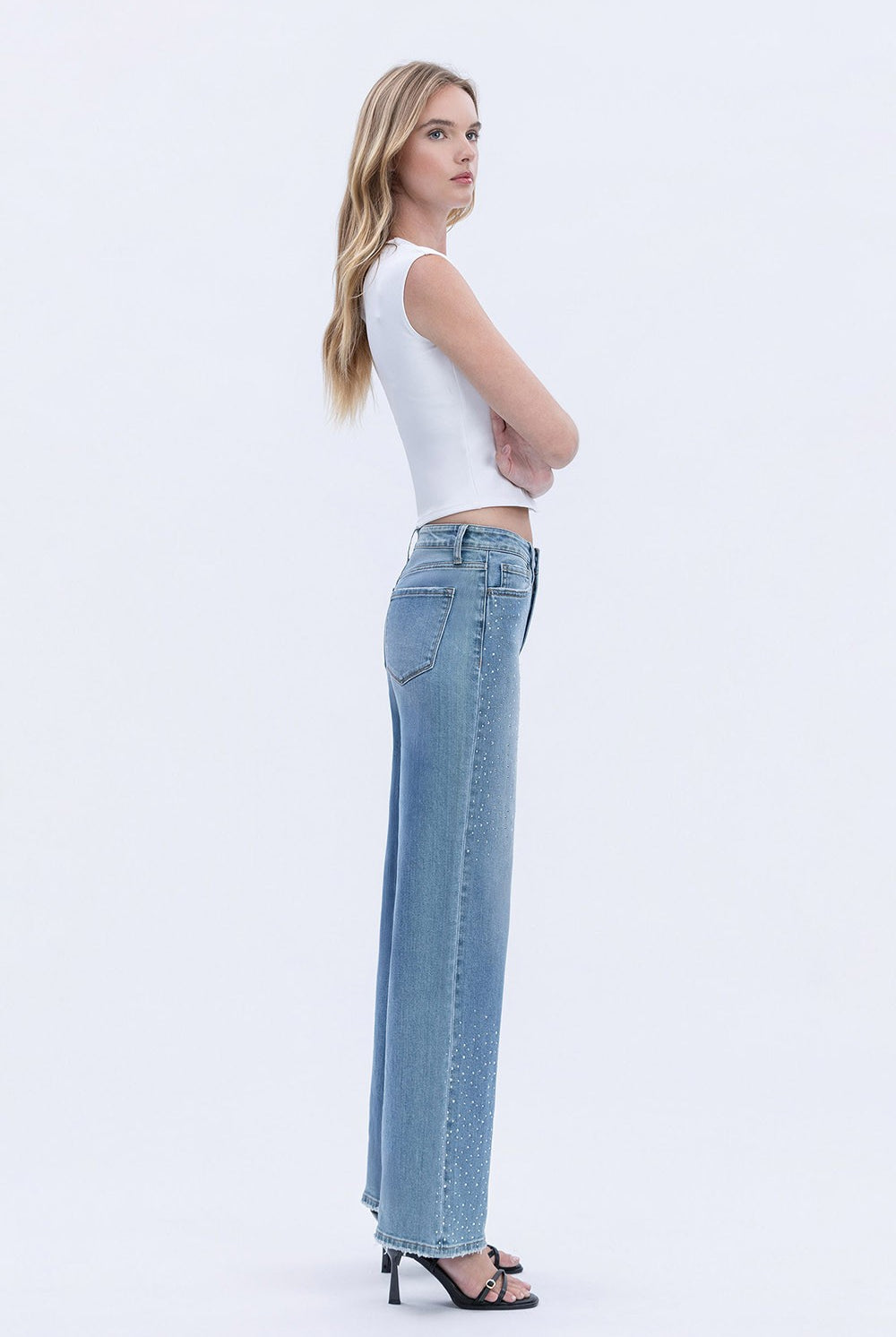 Vervet by Flying Monkey High Rise Rhinestone Embellished Wide Leg Jeans in Hamptons Wash-Jeans-Vervet by Flying Monkey-Deja Nu Boutique, Women's Fashion Boutique in Lampasas, Texas
