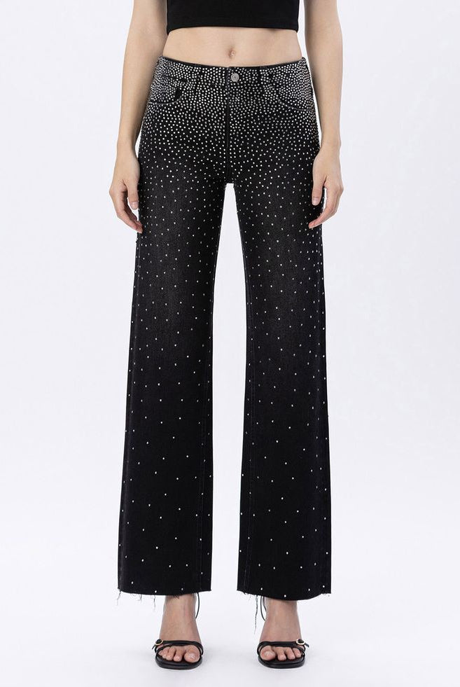 Vervet by Flying Monkey High Rise Rhinestone Slim Wide Leg Jeans in Prowess-Jeans-Vervet by Flying Monkey-Deja Nu Boutique, Women's Fashion Boutique in Lampasas, Texas