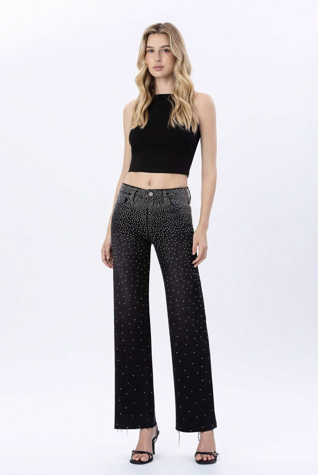 Vervet by Flying Monkey High Rise Rhinestone Slim Wide Leg Jeans in Prowess-Jeans-Vervet by Flying Monkey-Deja Nu Boutique, Women's Fashion Boutique in Lampasas, Texas