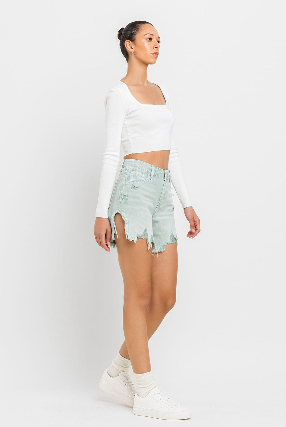 Vervet by Flying Monkey High Rise Side Slit Denim Shorts In Abstracted-Shorts-Vervet by Flying Monkey-Deja Nu Boutique, Women's Fashion Boutique in Lampasas, Texas