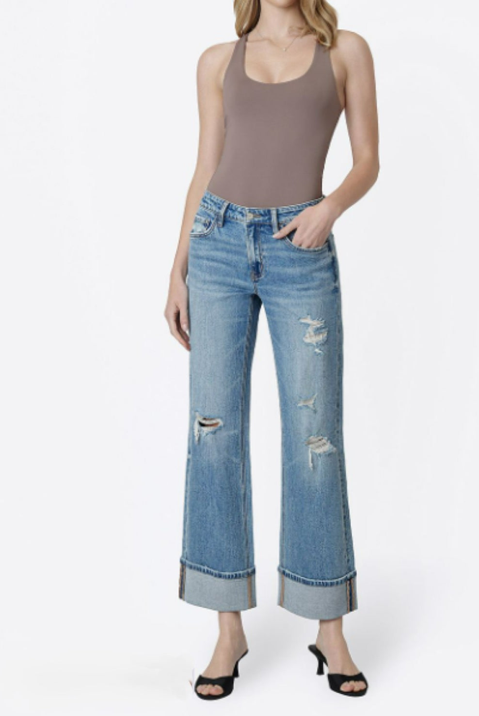 Vervet by Flying Monkey Mid Rise Distressed Cuffed Slim Wide Jeans | Glitz Wash-Jeans-Vervet by Flying Monkey-Deja Nu Boutique, Women's Fashion Boutique in Lampasas, Texas