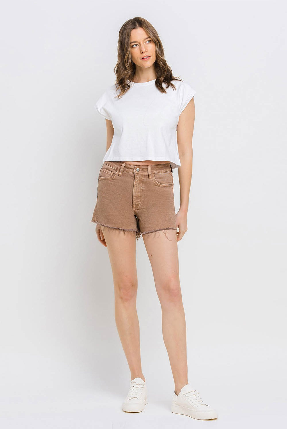 Vervet by Flying Monkey Super High Rise Raw Hem Mom Shorts In Warm Taupe-Shorts-Vervet by Flying Monkey-Deja Nu Boutique, Women's Fashion Boutique in Lampasas, Texas