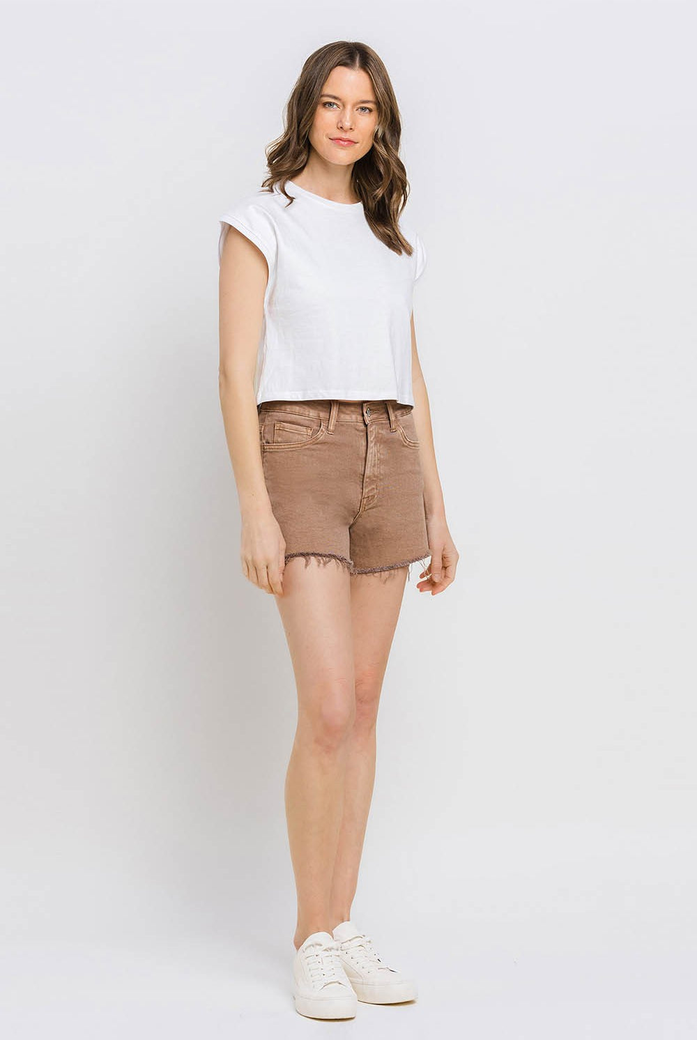 Vervet by Flying Monkey Super High Rise Raw Hem Mom Shorts In Warm Taupe-Shorts-Vervet by Flying Monkey-Deja Nu Boutique, Women's Fashion Boutique in Lampasas, Texas