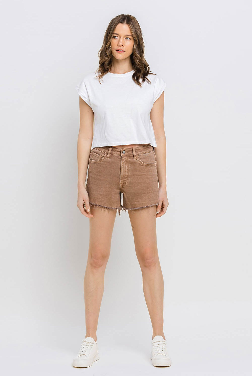Vervet by Flying Monkey Super High Rise Raw Hem Mom Shorts In Warm Taupe-Shorts-Vervet by Flying Monkey-Deja Nu Boutique, Women's Fashion Boutique in Lampasas, Texas